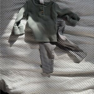 Baby Green Waffle Knit Top and Striped Pants Set